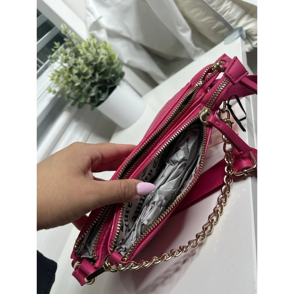 Juicy Couture Double Trouble Crossbody Bag Hot Pink Purse Gold Chain Pockets Zip